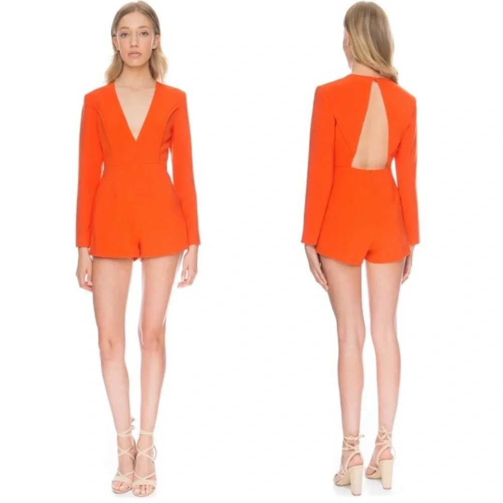 Finders Keepers Orange Plunge Open Back Romper Short Sleeve Size S